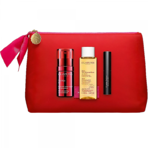Clarins Double Serum Gift Set 20ml Double Serum Eye + 50ml Total Cleansing Oil + 3ml Supra Lift & Curl Mascara + Pouch