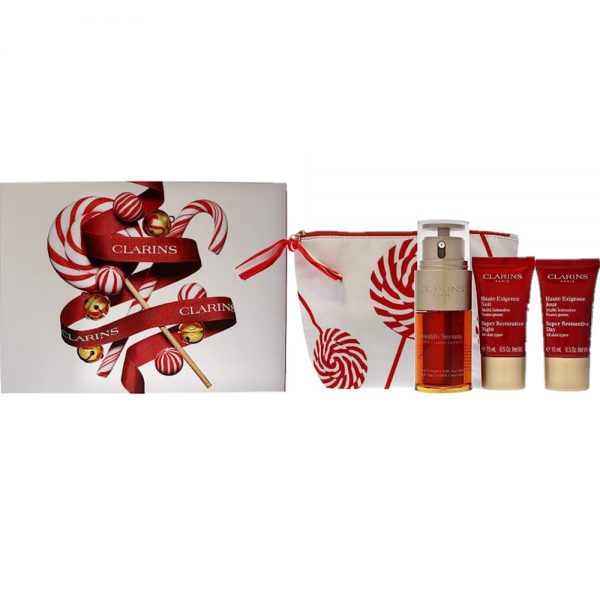 Clarins Double Serum Gift Set 30ml Double Serum + 15ml Super Restorative Day Cream + 15ml Super Restorative Night Wear Cream + Pouch