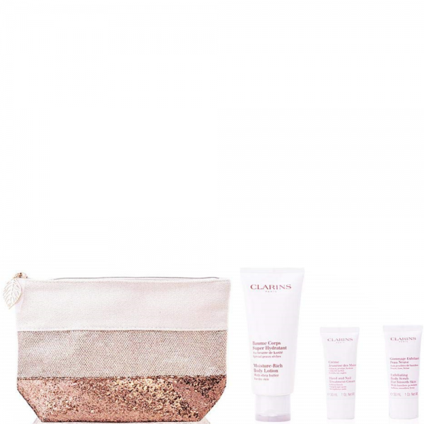 Clarins Body Care Gift Set 200ml Moisture Rich Body Lotion + 30ml Hand And Nail Treatment Cream + 30ml Exfoliating Body Scrub + Wash Bag